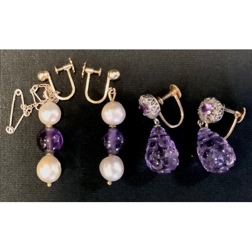 310 - A pair of 9ct gold mounted diamond and amethyst drop earrings;  another pair amethyst and cultured p... 