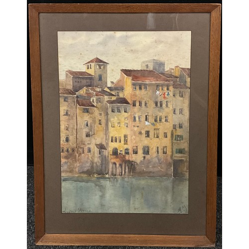 154A - Italian School (mid 20th century), Waterside buildings, Florence, signed with monogram M. M., waterc... 