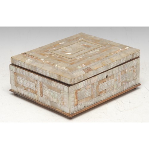 43 - A Middle Eastern mother of pearl veneered rectangular casket, the hinged cover centred by a depictio... 