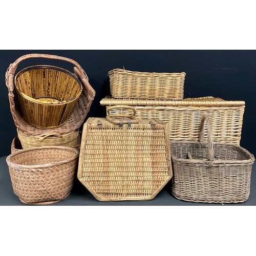 673 - Basketwork - a wicker hamper; log holder; bottle carrier; etc; a bamboo circular planter