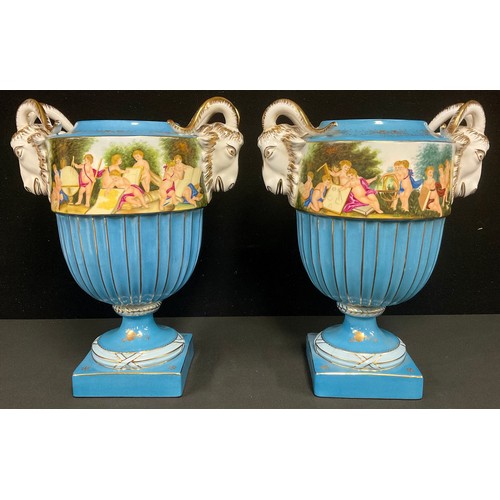 100 - A pair of large Continental porcelain two handled pedestal vases, banded with a classical scene, on ... 