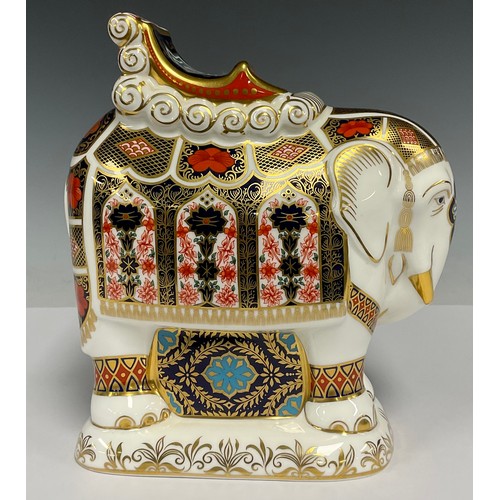 26 - A large Royal Crown Derby Imari pattern Elephant with Houdah saddle, paperweights, dated cypher for ... 