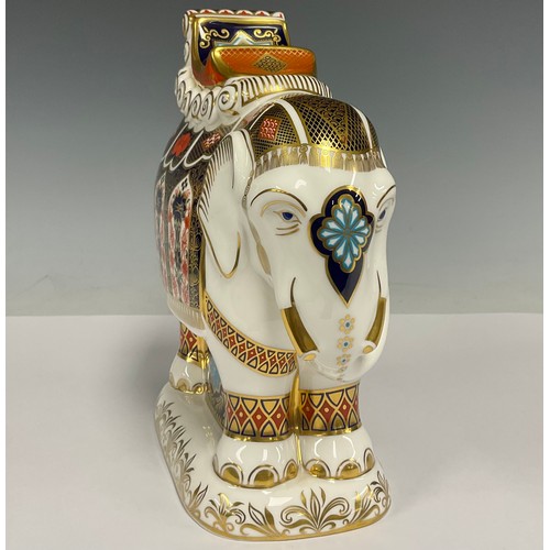 26 - A large Royal Crown Derby Imari pattern Elephant with Houdah saddle, paperweights, dated cypher for ... 