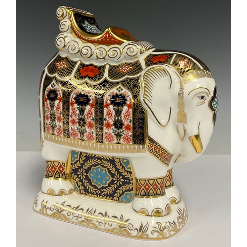 26 - A large Royal Crown Derby Imari pattern Elephant with Houdah saddle, paperweights, dated cypher for ... 