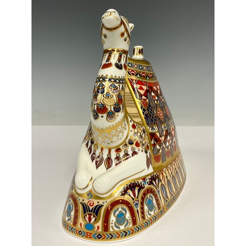 27 - A Royal Crown Derby paperweight, Camel, 18cm high, gold stopper, printed marks in red