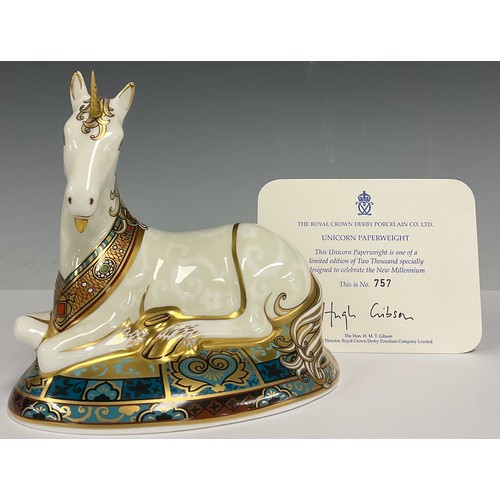 30 - A Royal Crown Derby porcelain Unicorn paperweight, designed by Louise Adams, limited edition no 757/... 