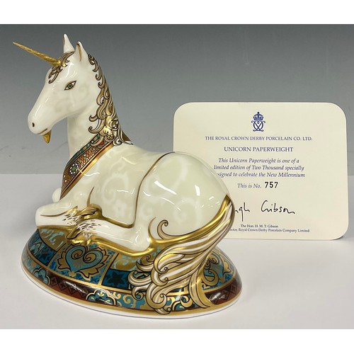 30 - A Royal Crown Derby porcelain Unicorn paperweight, designed by Louise Adams, limited edition no 757/... 