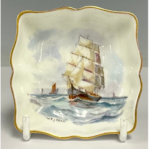 7 - A Royal Crown Derby shaped square trinket dish, painted by WEJ Dean, signed, with ships at sea, 7.5c... 