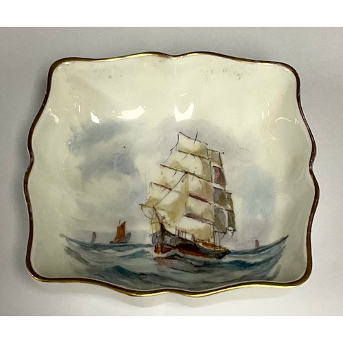 7 - A Royal Crown Derby shaped square trinket dish, painted by WEJ Dean, signed, with ships at sea, 7.5c... 