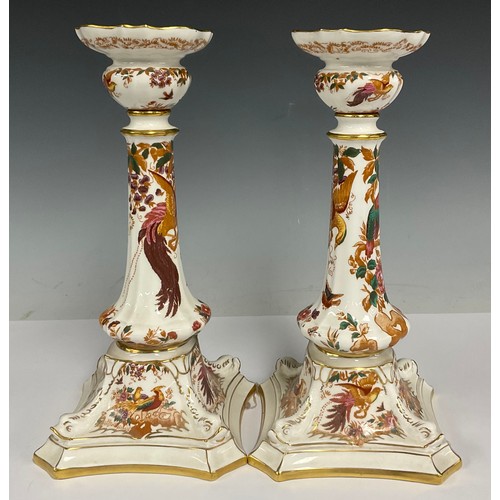 9 - A pair of Royal Crown Derby Olde Avesbury Castleton candlesticks, 27cm high, printed mark in red, da... 