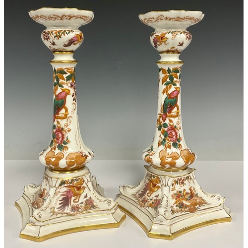 9 - A pair of Royal Crown Derby Olde Avesbury Castleton candlesticks, 27cm high, printed mark in red, da... 