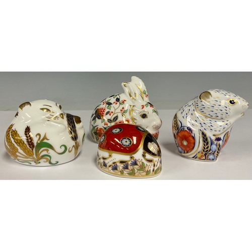 12 - Royal Crown Derby paperweights - Field Mouse, Poppy Mouse, Meadow Rabbit and Ladybird, all gold stop... 