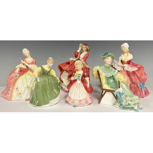 38 - Royal Doulton figures - Penelope Hn 1901, Wistful Hn2396, Ascot Hn 2356, Top o the Hill, Hn 1834, Fa... 