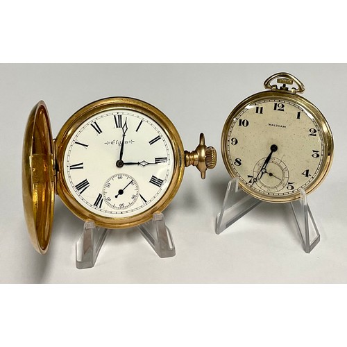 84 - A gold plated Elgin hunter pocket watch, white dial, bold Roman numerals, subsidiary seconds, seven ... 