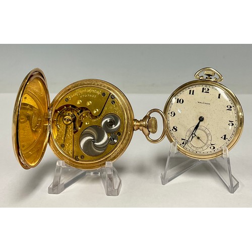 84 - A gold plated Elgin hunter pocket watch, white dial, bold Roman numerals, subsidiary seconds, seven ... 