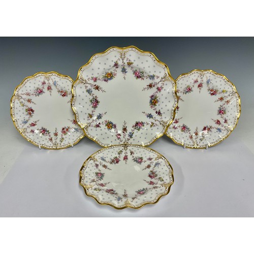 64 - A composed set of three Royal Crown Derby Royal Antoinette pattern shaped circular dessert plates, 2... 