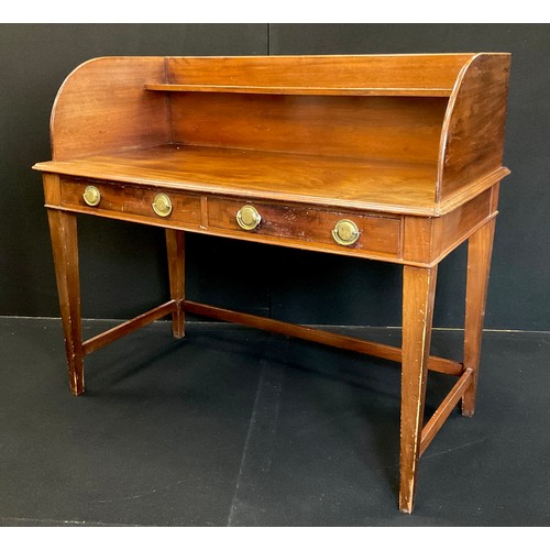 1690 - A George III walnut and mahogany writing table, high three-quarter galleried top with single shelf, ... 