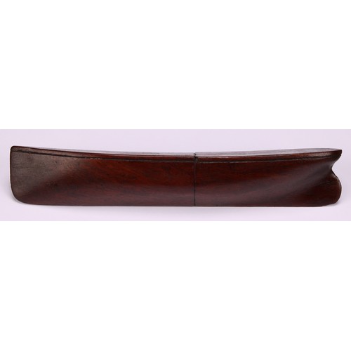 2125 - Treen - Sewing - a 19th century mahogany novelty bodkin case, as the hull of a boat, 18cm long