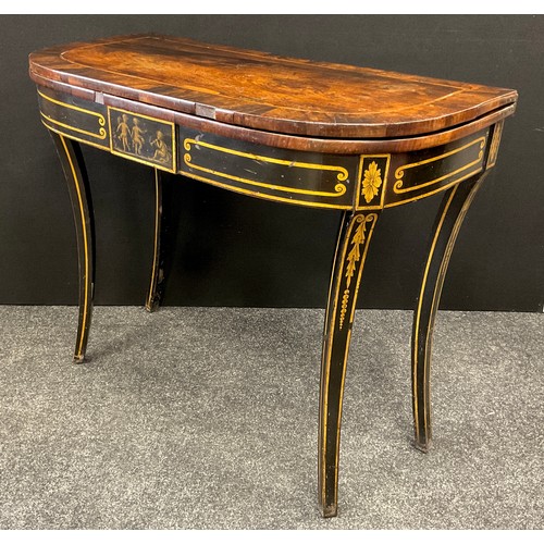 2138 - A Regency Neoclassical style card table, rosewood cross-banded walnut top, ebonised base with painte... 