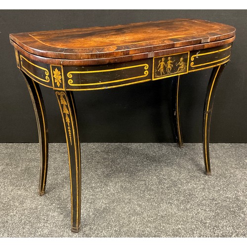 2138 - A Regency Neoclassical style card table, rosewood cross-banded walnut top, ebonised base with painte... 