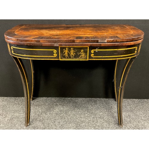 2138 - A Regency Neoclassical style card table, rosewood cross-banded walnut top, ebonised base with painte... 