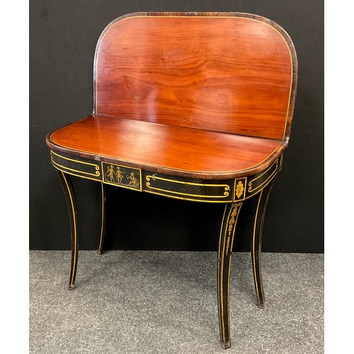 2138 - A Regency Neoclassical style card table, rosewood cross-banded walnut top, ebonised base with painte... 