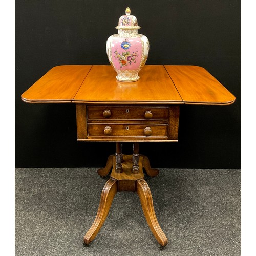 2131 - A Regency mahogany and walnut pedestal Pembroke table, the rounded rectangular drop-leaf top, above ... 