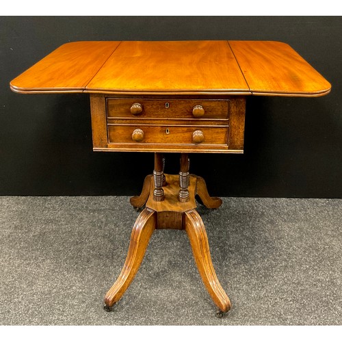 2131 - A Regency mahogany and walnut pedestal Pembroke table, the rounded rectangular drop-leaf top, above ... 