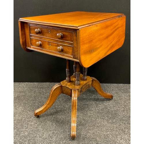 2131 - A Regency mahogany and walnut pedestal Pembroke table, the rounded rectangular drop-leaf top, above ... 