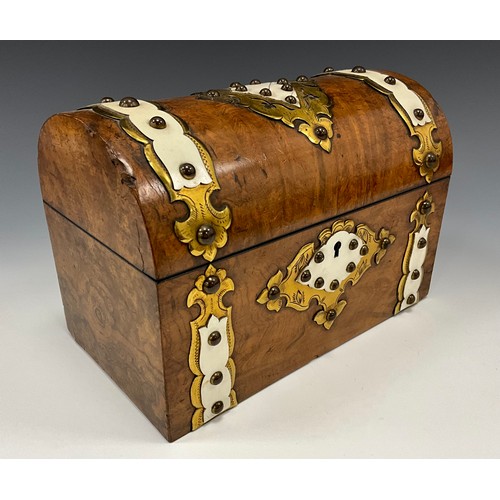 1655 - A Victorian burr walnut domed two section tea caddy, ivorine and brass studded mounts, 16.5cm x 24cm... 