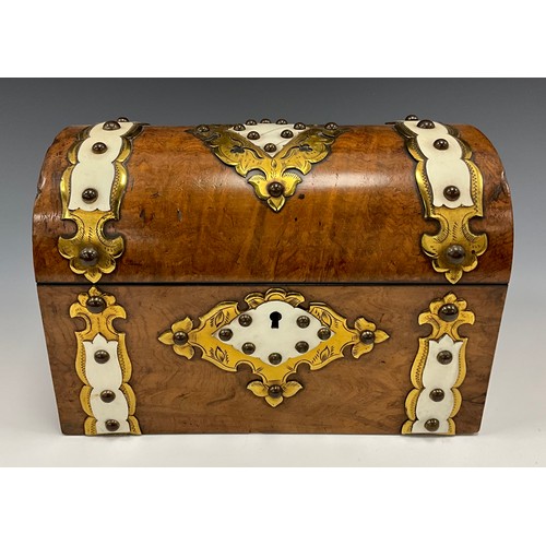 1655 - A Victorian burr walnut domed two section tea caddy, ivorine and brass studded mounts, 16.5cm x 24cm... 