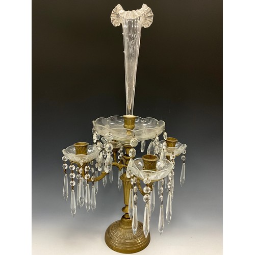 2004 - A Victorian style brass and cut glass four light candelabra epergne, central wavy rim trumpet epergn... 