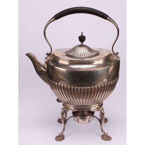 163 - A Queen Anne style silver spirit tea kettle on stand, ebonised handle terminating in shells over a g... 