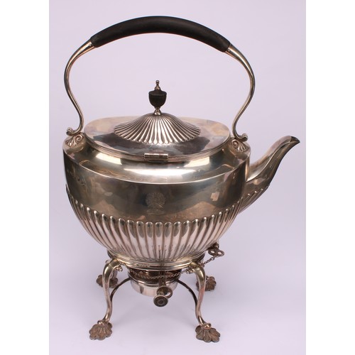 163 - A Queen Anne style silver spirit tea kettle on stand, ebonised handle terminating in shells over a g... 