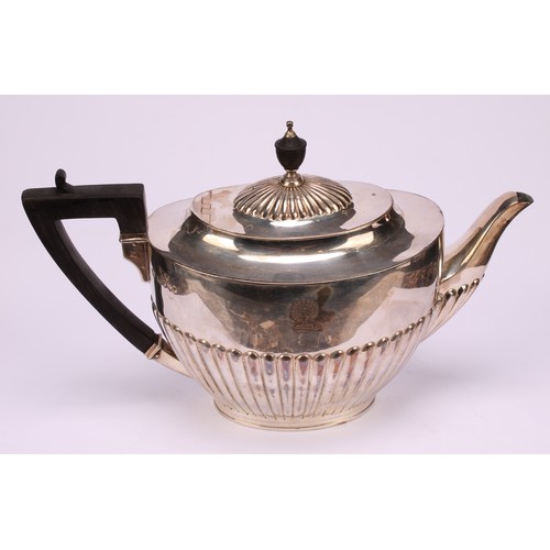 163 - A Queen Anne style silver spirit tea kettle on stand, ebonised handle terminating in shells over a g... 