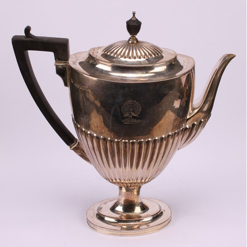 163 - A Queen Anne style silver spirit tea kettle on stand, ebonised handle terminating in shells over a g... 