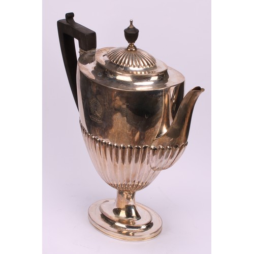 163 - A Queen Anne style silver spirit tea kettle on stand, ebonised handle terminating in shells over a g... 