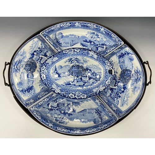 1190 - A 19th century Ridgways supper set on tray, transfer printed in the Asterley Park London pattern, wi... 