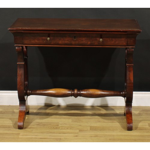 1679 - A Biedermeier mahogany centre table, rectangular top with moulded edge above a long frieze drawer, l... 