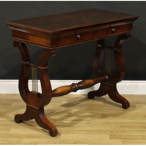 1679 - A Biedermeier mahogany centre table, rectangular top with moulded edge above a long frieze drawer, l... 