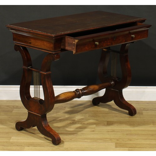 1679 - A Biedermeier mahogany centre table, rectangular top with moulded edge above a long frieze drawer, l... 