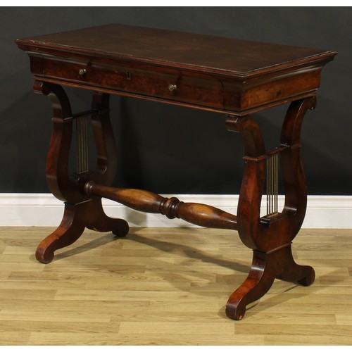 1679 - A Biedermeier mahogany centre table, rectangular top with moulded edge above a long frieze drawer, l... 