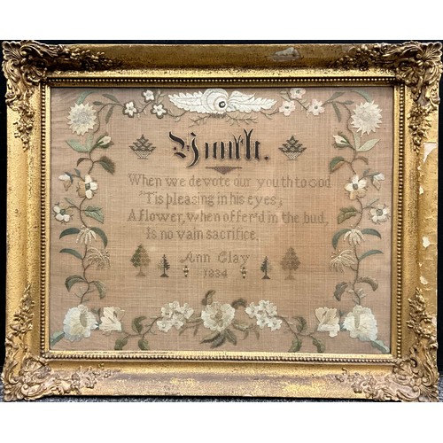 1873 - A William IV needlework sampler, by Ann Clay, 1834, When we devote our youth to god ‘it’s pleasing i... 