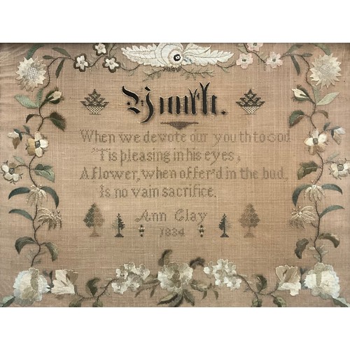 1873 - A William IV needlework sampler, by Ann Clay, 1834, When we devote our youth to god ‘it’s pleasing i... 