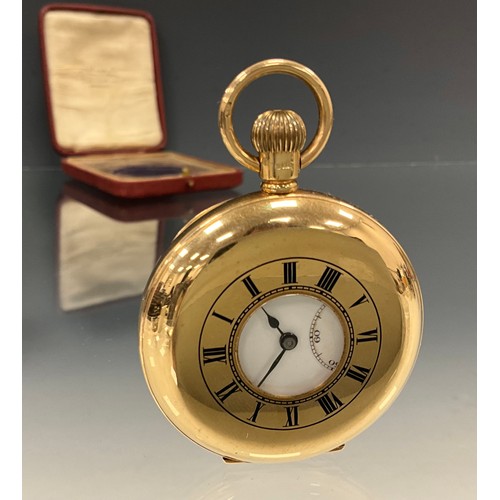 508 - A J W Benson 9ct gold half Hunter pocket watch, white dial, bold Roman numerals, subsidiary seconds,... 