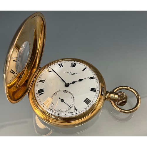 508 - A J W Benson 9ct gold half Hunter pocket watch, white dial, bold Roman numerals, subsidiary seconds,... 