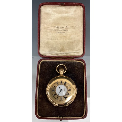 508 - A J W Benson 9ct gold half Hunter pocket watch, white dial, bold Roman numerals, subsidiary seconds,... 