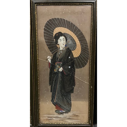 1399 - A pair of Japanese Meiji period painted silk panels, Japanese Lady with Higasa Parasol, and Mother w... 