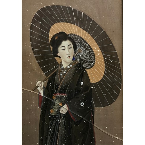 1399 - A pair of Japanese Meiji period painted silk panels, Japanese Lady with Higasa Parasol, and Mother w... 