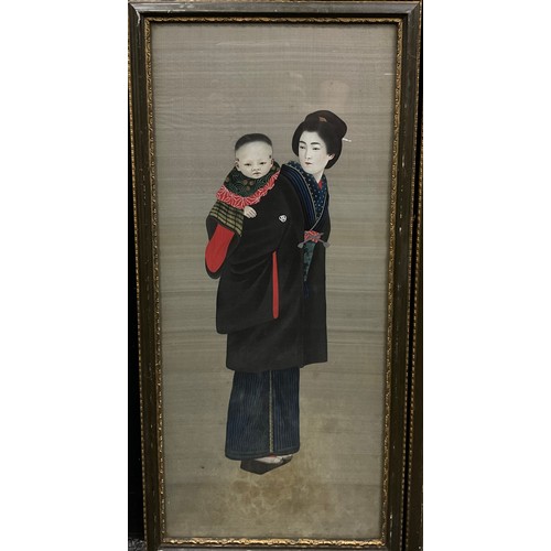 1399 - A pair of Japanese Meiji period painted silk panels, Japanese Lady with Higasa Parasol, and Mother w... 